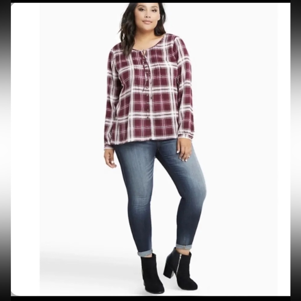 Torrid Plaid Challis Pintuck Blouse Long Sleeve Top
Burgundy